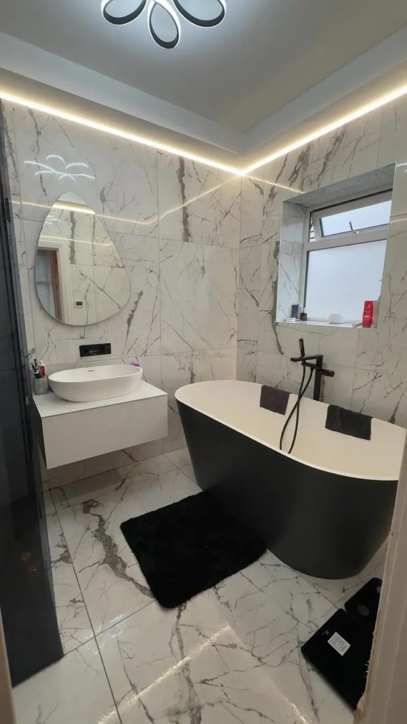 Luxury bathroom with freestanding bath after a deep cleaning session
